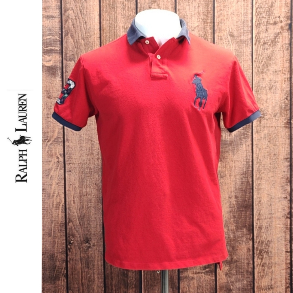 Vtg #3 Plaid Patch Large Pony Mens Red Custom Fit Blue Trimmed Polo